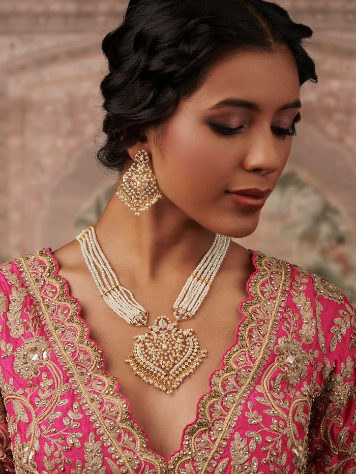 Gold Plated Pearl Beaded Kundan Studded Necklace Set Curio Cottage Necklaces