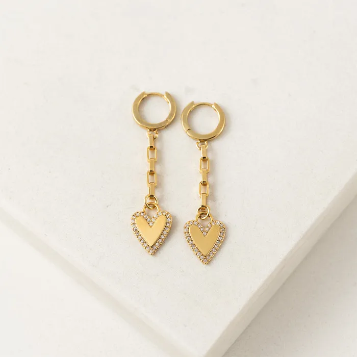 Lovers Tempo Earrings Verona Gold Pave Heart Huggie Drop Hoops