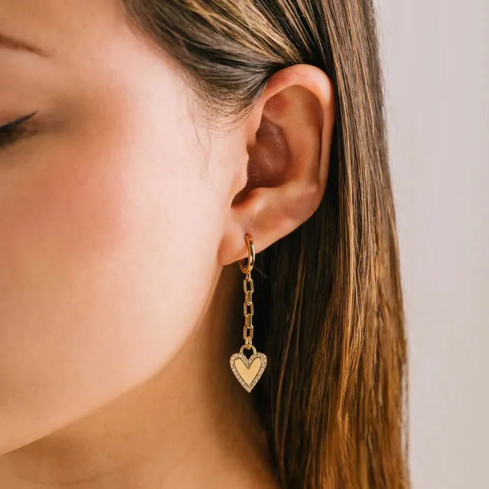 Lovers Tempo Earrings Verona Gold Pave Heart Huggie Drop Hoops