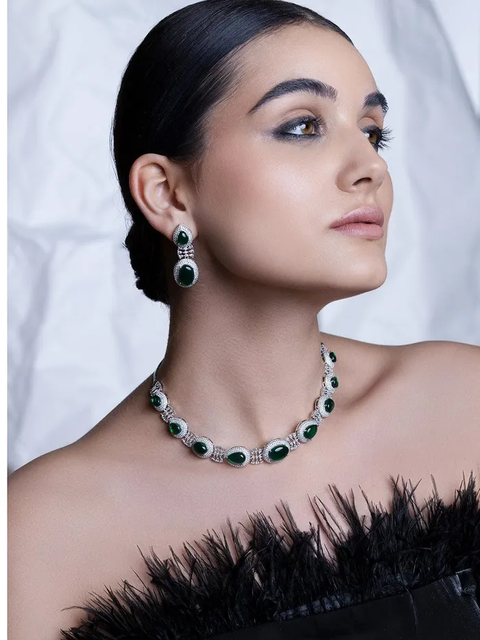 Necklaces Curio Cottage Emerald Green CZ Cabachon Couture Necklace Set