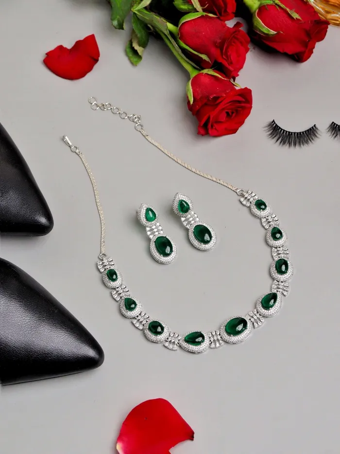 Necklaces Curio Cottage Emerald Green CZ Cabachon Couture Necklace Set Necklaces Curio Cottage Emerald Green CZ Cabachon Couture Necklace Set